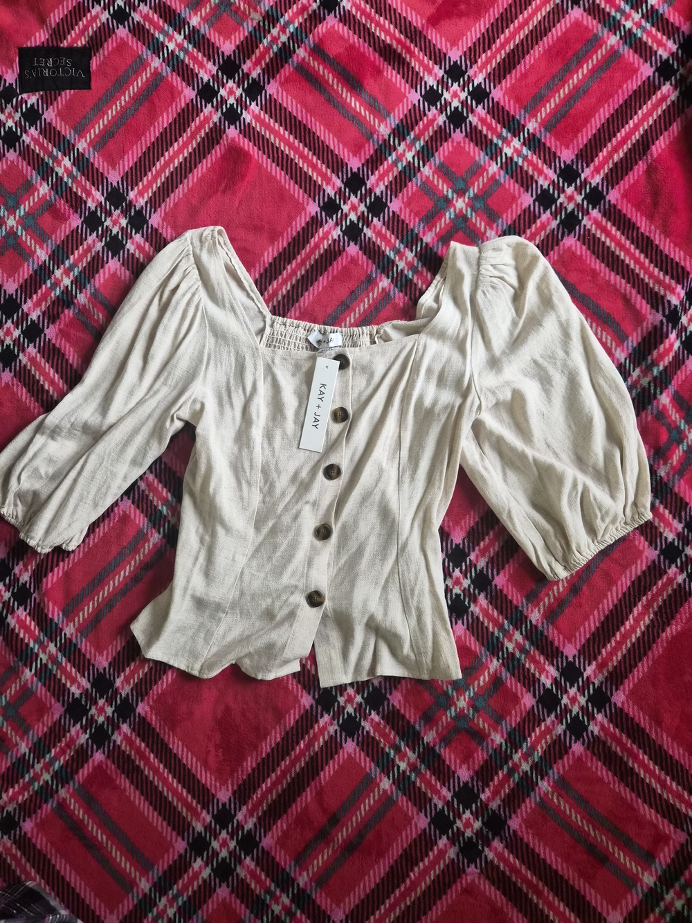 Cream Puff-Sleeve Button-Front Blouse